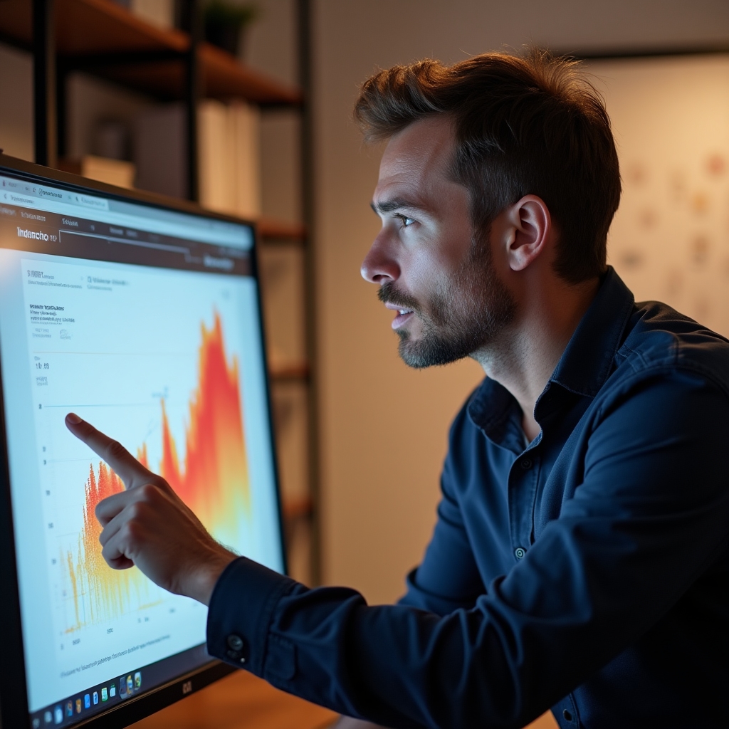Konzultant analyzující tepelnou mapu webu na velkém monitoru